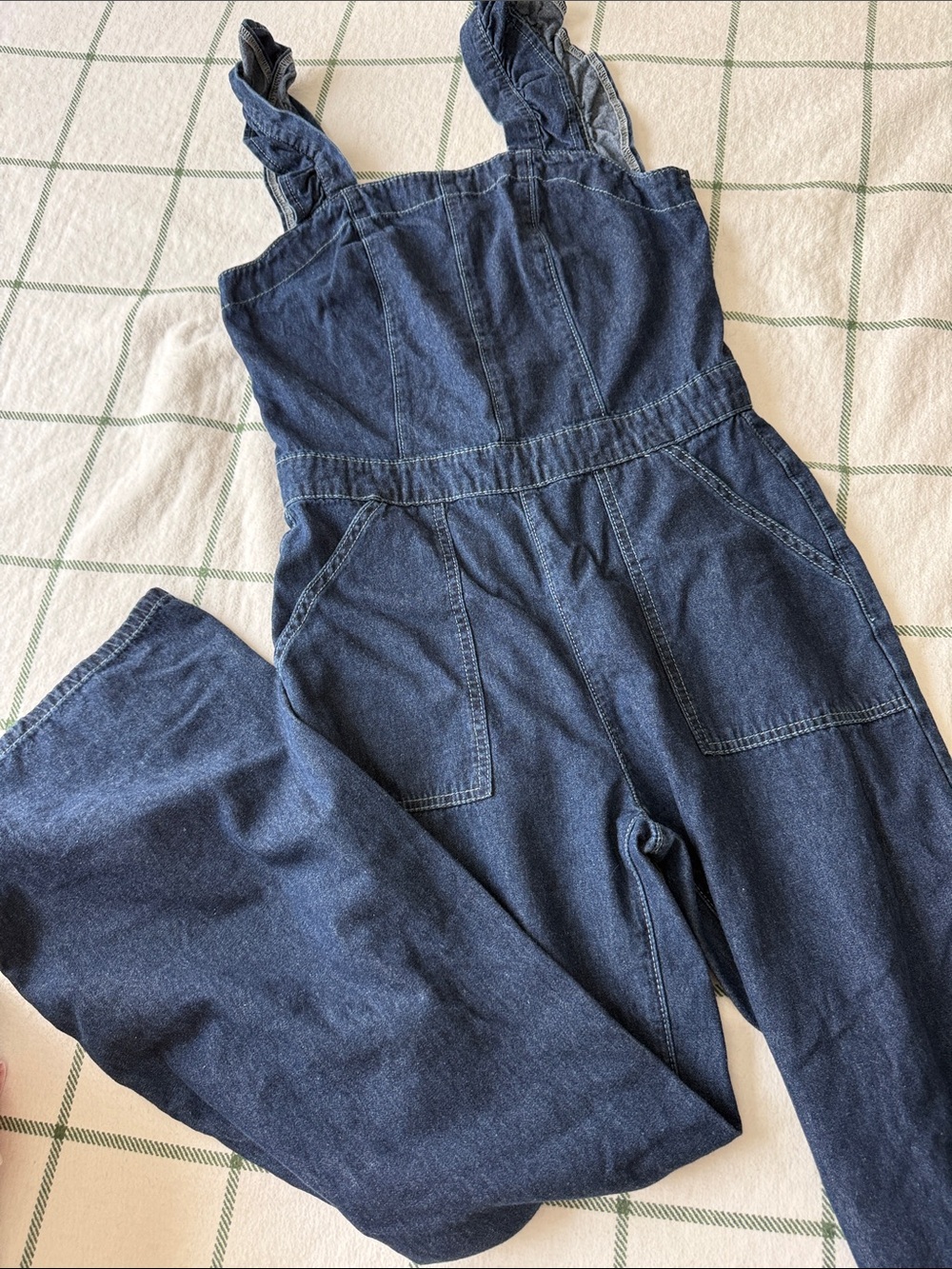 SHEIN Dark Blue Denim Overall Jumpsuit with Ruffle Straps